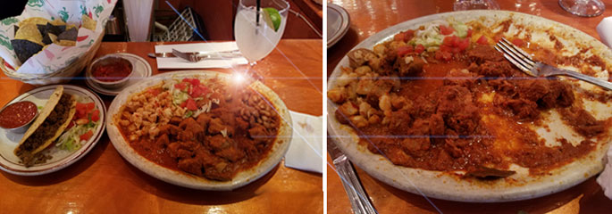 la choza combo plate: pork adovada and beef taco